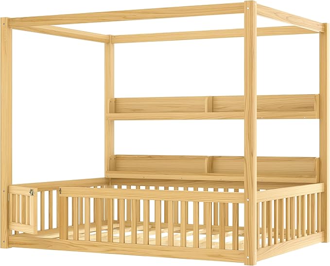 Bellemave Toddlers Full Size Canopy Bed with Fence and Door, Floor Bed with Storage Shelves and 4 Poster Design,Wood Montessori Bed Frame for Kids, Boys,Girls,Space Saving,Easy Assemble（Full,Natural）
