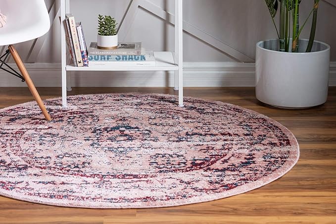 Rugs.com Charleston Collection Rug – 5 Ft Round Pink Low-Pile Rug Perfect for Kitchens, Dining Rooms
