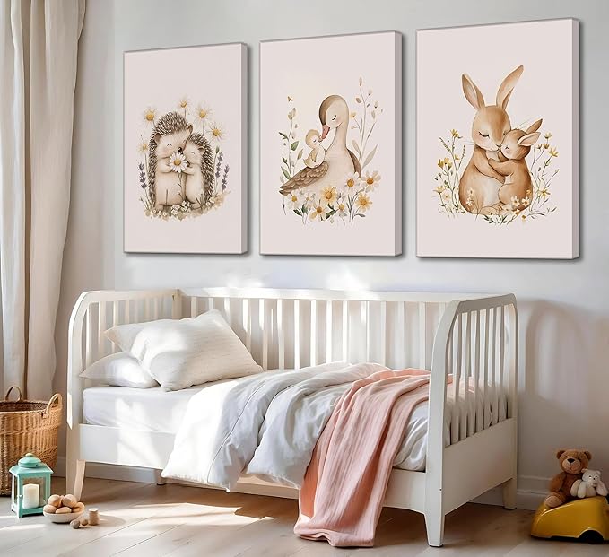 3 Pcs Animal Nursery Canvas Wall Art Watercolor Baby Animals with Wildflowers Painting Picture Wall Decor Cute Rabbit Hedgehog Duck Nursery Paintings Artwork for Kids, Baby Room Home Decoration