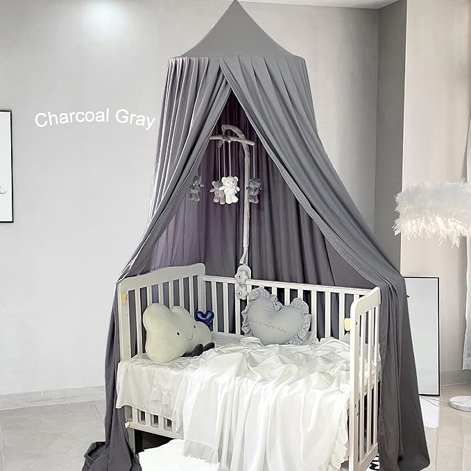 Kids Bed Canopy for Crib - Girls Nursery Canopy Hanging, Blocks Light, Dark Gray