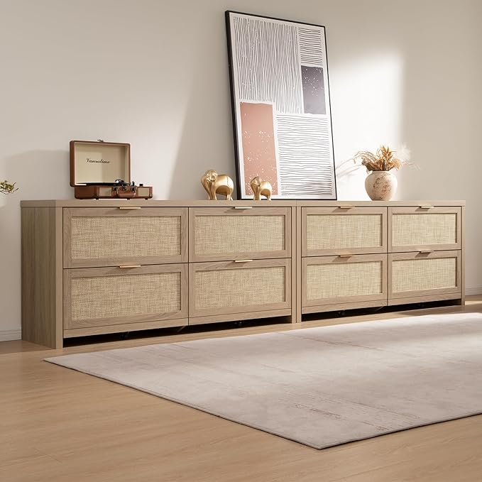 SICOTAS Large Dresser for Bedroom Set 2, Rattan Dressers with 4 Deep Drawers, Long Chest of Drawers for Closet, Farmhouse TV Stand(Reclaimed Light Oak, 4 Drawers (2 pcs))
