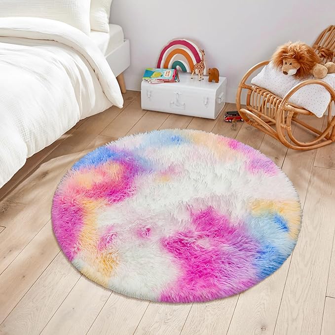 Rainbow Round Rugs 3ft Kids Rugs for Girls Bedroom, Fluffy Princess Shag Carpet Unicorn Rugs Room Decor, Small Circle Area Rugs for Baby Nursery, Toddler Room Decor
