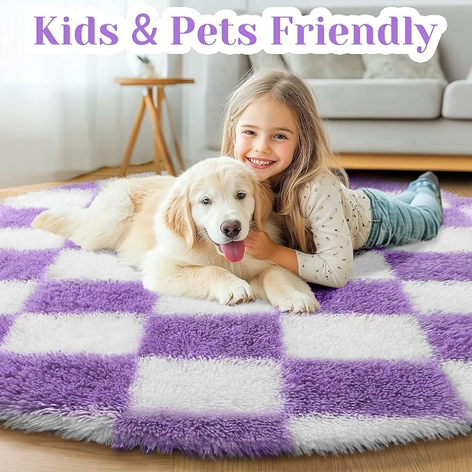 KICMOR Purple Round Rug 4ft for Girls Bedroom, Fluffy Soft Circle Area Rug Cute Small Living Room Carpet, Indoor Fuzzy Shag Shaggy Checkered Circular Rugs for Kids Room Nursery Home Decor Aesthetic
