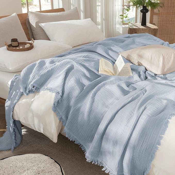 MooMee Muslin Blanket - 100% Cotton 4-Layer Gauze Throw Blanket with Tassels Ultra-Soft Breathable Lightweight Cooling for Bed Couch (Dusty Blue,Super King 108" x 98")
