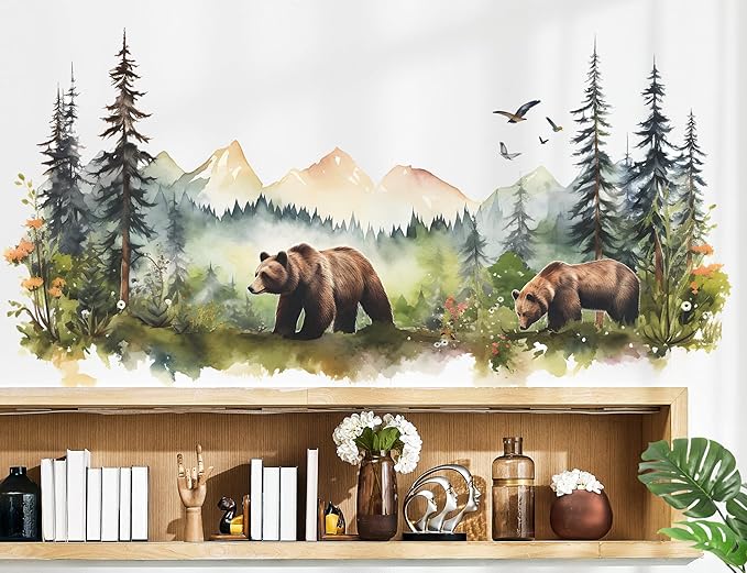 Large Jungle Animals Wall Decals Forest Tree Wall Decal Peel and Stick Woodland Bear Fox Deer Wall Stickers Giant Mountain Art for Bedroom Nursery Room FX-C432