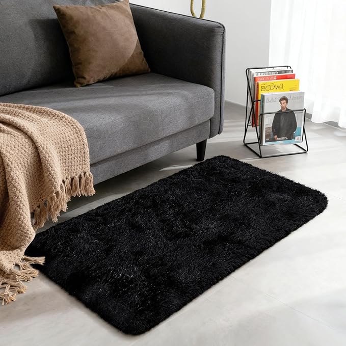 Merelax Fluffy Shaggy Small Area Rug, Black 2x4 Runner Rugs for Bedside Christmas Decor, Mini Fuzzy Plush Throw Rug, Soft Non-Slip Entryway Shag Catpet for Livingroom Holiday Home Aesthetic