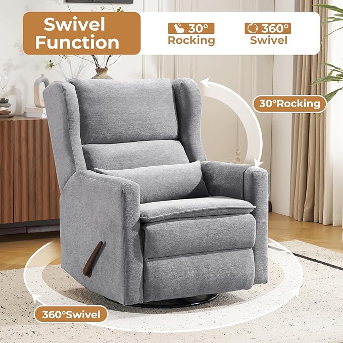 Swivel Rocker Recliner Chair,Comfy Glider Rocker Recliner with Adjustable Headrest,Rocking Chair Nursery for Living Room & Bedroom,Chenille,Grey