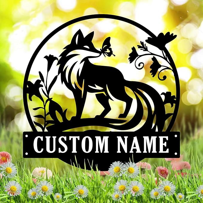 Custom Fox Flower Metal Sign, Animals Cute Black Wall Art, Personalized Wall Decor for Living Room, Bedroom/Bathroom/Kitchen/Office/Home