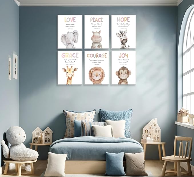 Safari Animal Bible Verse Nursery Wall Art Christian Picture Kids Room Wall Decor Uplifting Scripture Poster Hope Love Joy Jungle Animals Painting Canvas Print Artwork for Baby Room Playroom, Framed