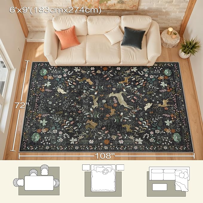 6x9 Area Rugs for Living Room Floral Animal Print Carpet Washable Non-Slip Large Rug Low Pile for Indoor Bedroom Dining Room Nursery Home Office Farmhouse Kids Play Room Black