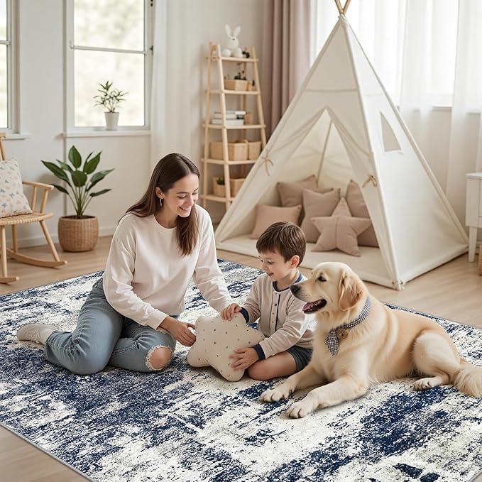 Area Rug Living Room Rugs: 5x7 Washable Rug with Anti-Slip Backing Non-Shedding Stain-Resistant Foldable Modern Abstract Carpet for Bedroom Dining Room Nursery Home Office - Gray/Blue