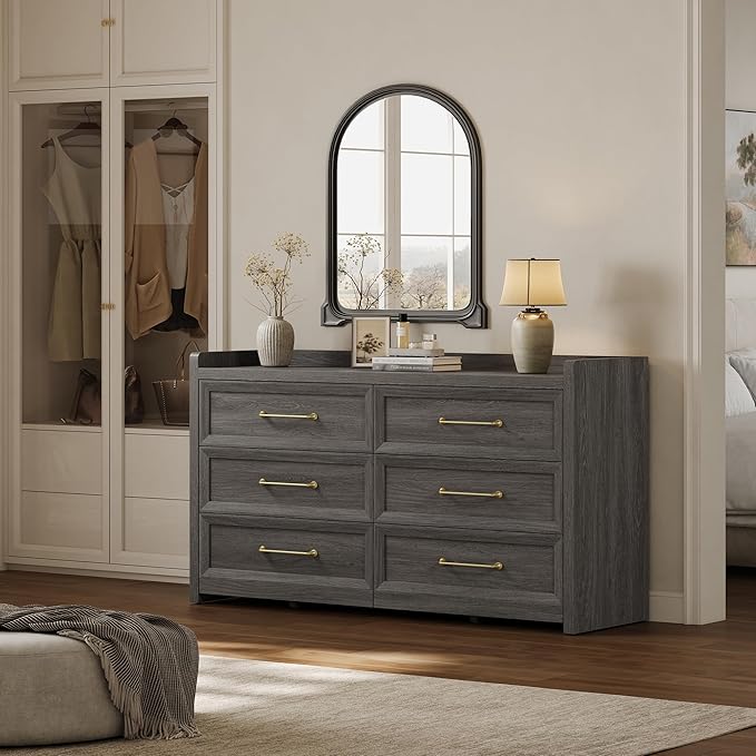 SICOTAS 6 Drawer Dresser for Bedroom-112.8" Extra-Wide Wooden Chest of Drawers with Large Storage, Long Dresser TV Stand with Drawers, Modern Closet Dressers for Nursery, Dark Grey Oak, 2PCS