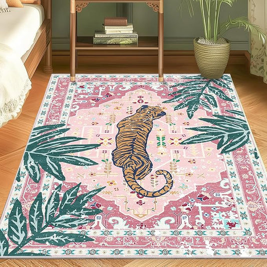 Area Rug Pink 4x6 Tiger Rug Washable Non-Slip Boho Vintage Tropical Animal Print Jungle Rug for Bedroom Girls Room Hallway Soft Cozy Whimsical Woodland Carpet for Play Room Laundry Room