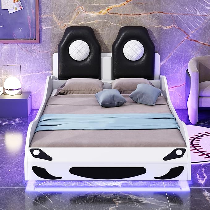 Merax Twin Size Race Car Bed with LED and Upholstered Backrest Headboard, PU Car-Shaped Platform Bedframe with Wheels and Guardrails, Wood Slat Support, No Box Spring Needed