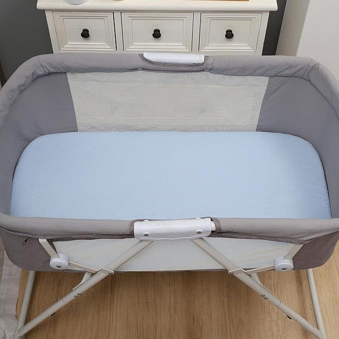 Onacosht Muslin Bassinet Sheets 3 Pack, 100% Cotton Baby Fitted Sheet 33" x 19" Compatible with Mika Micky, KoolaBaby (3 in 1), BabyBond, HARPPA and RICUTON Bedside Bassinet, Beige Green and Sky Blue