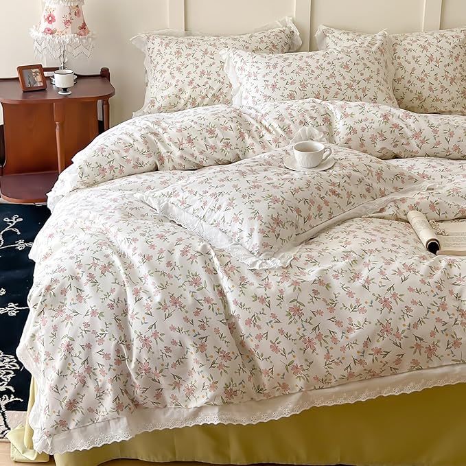 Girls Floral Ruffle Bedding Pink Flower Duvet Cover Queen Romantic Princess Lace Comforter Cover Cotton Boho Floral Duvet Cover Cute Botanical Flower Comforter Cover Ruffled Cottagecore Bedding Set