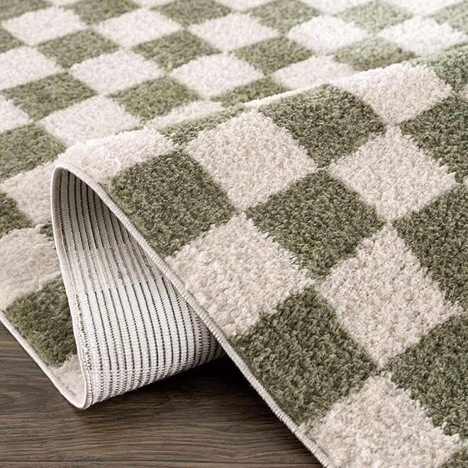 BoutiqueRugs Canika Modern Checkered Shag Rug - High Pile Fluffy Shaggy Carpet for Hallway, Nursery, Playroom, Girls Boys Room - Machine Washable - Peach, Lime Green - 7'10" x 10' (8x10)