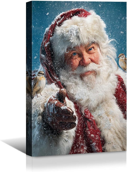 YONICA Christmas Canvas Wall Art Snowy Santa 24x36 Inch Winter Scene with Birds and Snowfall - Large Framed Gallery Wrapped Nature Theme