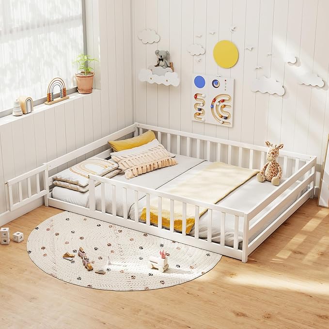 KOMFOTT Full Size Wood Floor Bed with Door & Fence, Montessori Bed Frame with Full Length Safety Guardrails, Door & Latch, Wooden Montessori Floor Bed for Kids, Girls, Boys (Full,White)