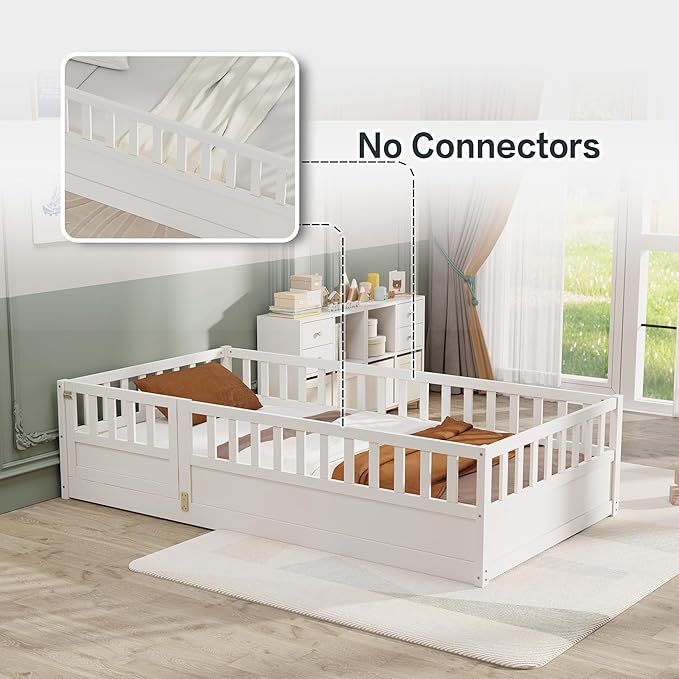 GDFStudio Twin Size Toddler Floor Bed Frame with Door & Guardrails, Toddler Twin Bed Frame for Kids Boys Girls, Low to Floor Child Bed Rail Design, Wooden Floor Bed for Baby, No Support Slat, White