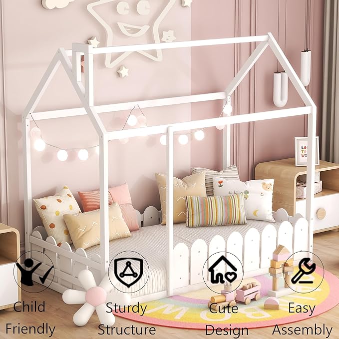 Bellemave Twin Size Kids Floor Bed Frame with Fences, Wooden House Bed with Roof Can be Decorated for Kids Girls Boys (White)