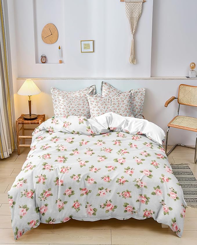 Girls Floral Duvet Cover King Soft Chic Floral Bedding Set with 2 Pillowcases Fresh Garden Botanical Duvet Cover with Zipper Closure Ties