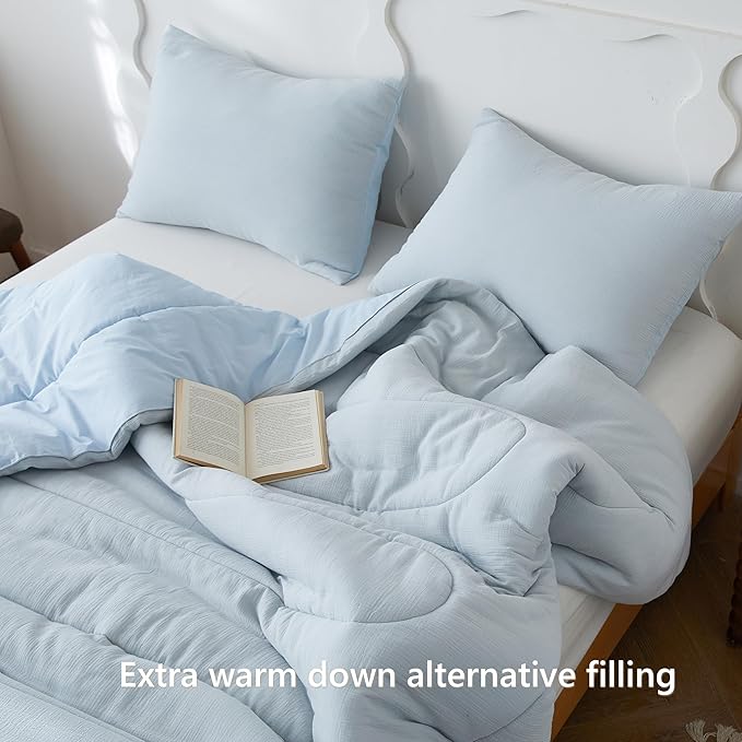 Simple&Opulence 100% Cotton Muslin Comforter Set Twin Size, 2PCS Washed Cotton Gauze Comforter, Soft Lightweight All Seasons Bedding Sets with 1 Pillow Sham(Light Blue,Twin)