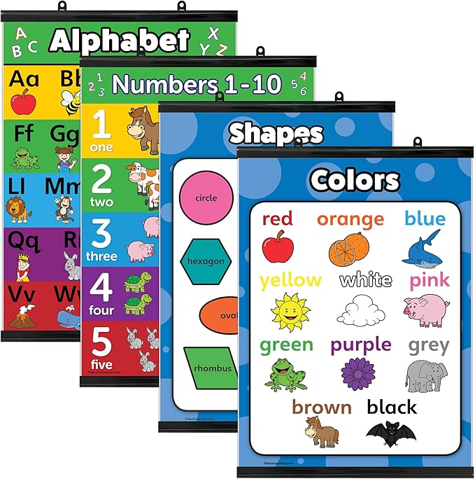Palace Learning 4 pack - ABC Alphabet + Numbers 1-10 + Shapes + Colors Poster Set - Toddler Educational Charts (LAMINATED, 18" x 24")