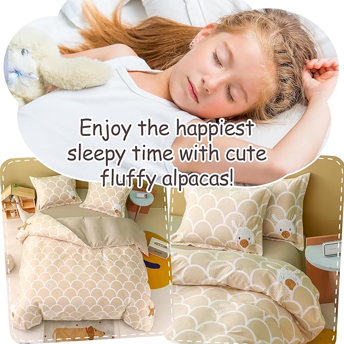 Simple&Opulence 100% Organic Cotton Duvet Cover for Kids Teens, 3 Pieces Soft Comforter Cover with Zipper Closure Boy Girl Warm Adorable Bedding Set - Alpaca, Twin