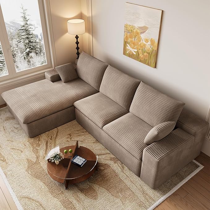 107 Inch Cloud Sectional Couch, Modern Modular Sectional Sofa with Deep Seat, Corduroy Boneless Couches with L-Shape Chaise for Living Room Bedroom, No Assembly Required (Camel, Left Facing Chaise)