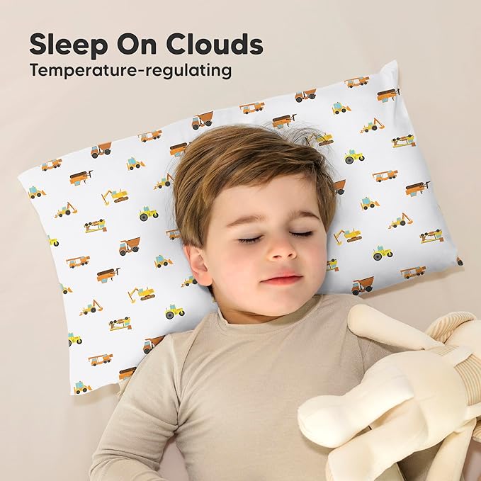 Toddler Pillow with Pillowcase - 13x18 My Little Cuddly Pillow, Viscose Derived From Bamboo Nursery Toddler Pillows for Sleeping,Kids Pillow,Small Travel Pillows,Mini Toddler Bed Pillow (Construction)