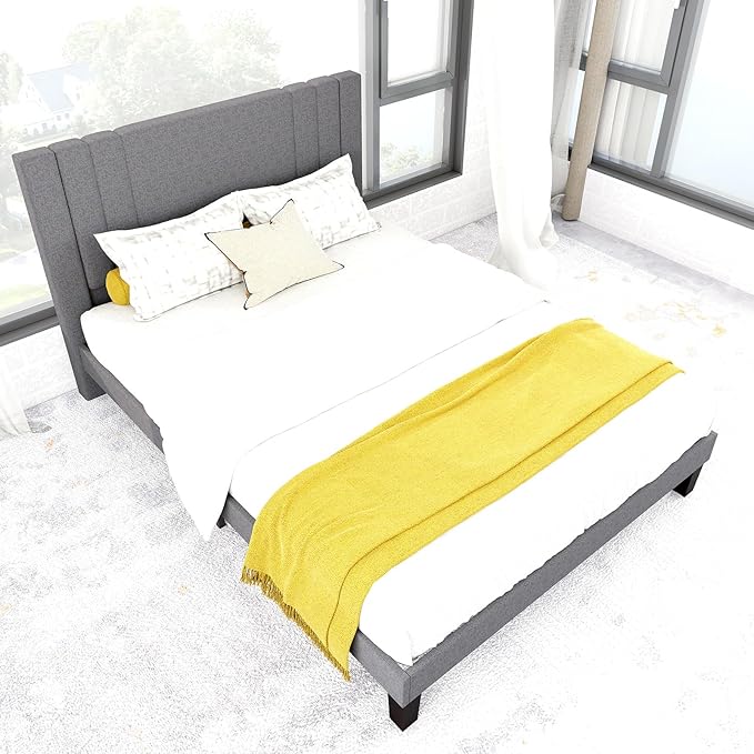 Tyndall Queen Size Bed Frame, Linen Fabric Upholstered Platform with Headboard