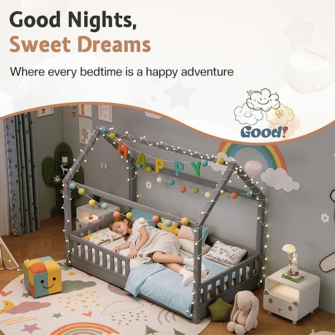 Jocisland Twin Size House Bed for Kids, Montessori Wooden Floor Bed Frame with Guardrails, Removable Rails, Playhouse Roof, Easy Assembly, Toddler Floor Bed for Boys & Girls, Grey