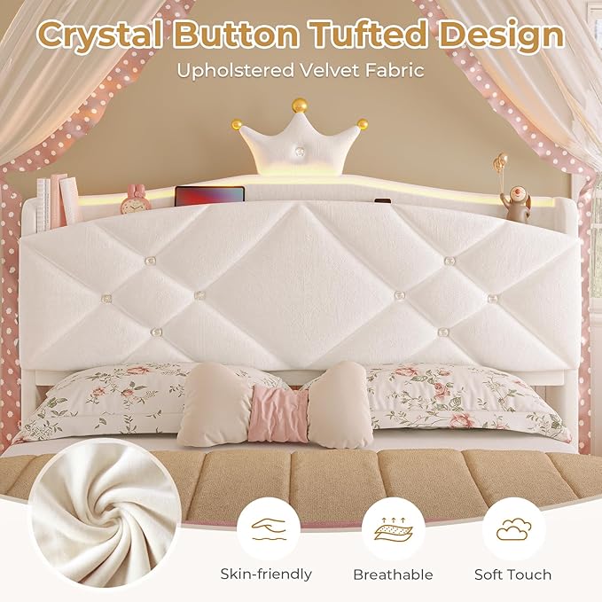 MSmask Full LED Bed Frame with Storage Headboard & 2 Storage Drawers, Princess Upholstered Bed with Charging Station & Crystal Button & Crown, Velvet Platform Bed for Girls, Curved Legs, White