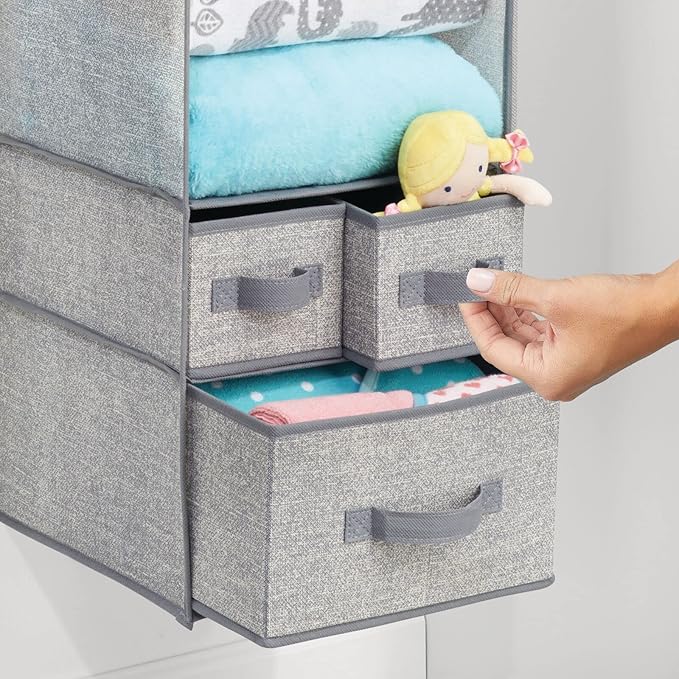 mDesign Fabric Hanging Organizer - Closet Rod Storage - 7 Shelves/3 Drawers for Baby Nursery Bedroom Organization - Hold Clothes, Linens, Toys, Accessories - Lido Collection - 2 Pack - Gray