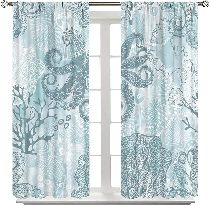 Coastal Window Curtains,Nautical Beach Themed Thermal Insulating Blackout Curtain for Living Room, Bedroom Set 2 Panels,52x84 Inches