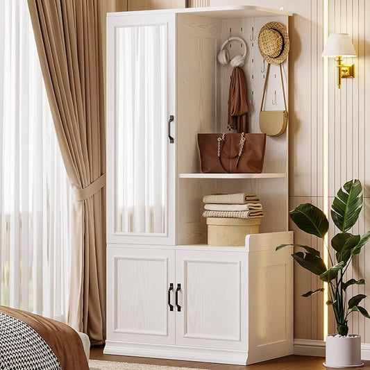 LIKIMIO Armoire Wardrobe Closet, 70" H Wooden Bedroom Armoire with Mirror, 2 Cabinet, Pegboard and a Open Shelf, Large Freestanding Clothing Storage Cabinet with 3 Doors, White
