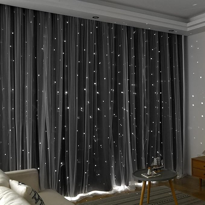 Kinryb Kids Blackout Curtains for Bedroom/Living Room/Classroom, Sheer Overlay 95 Inches 2 Panel Set, Double Layer Curtains with Star Cutout for Kids Room(W 52 x L 95 Inches,Grey 2 Pcs)