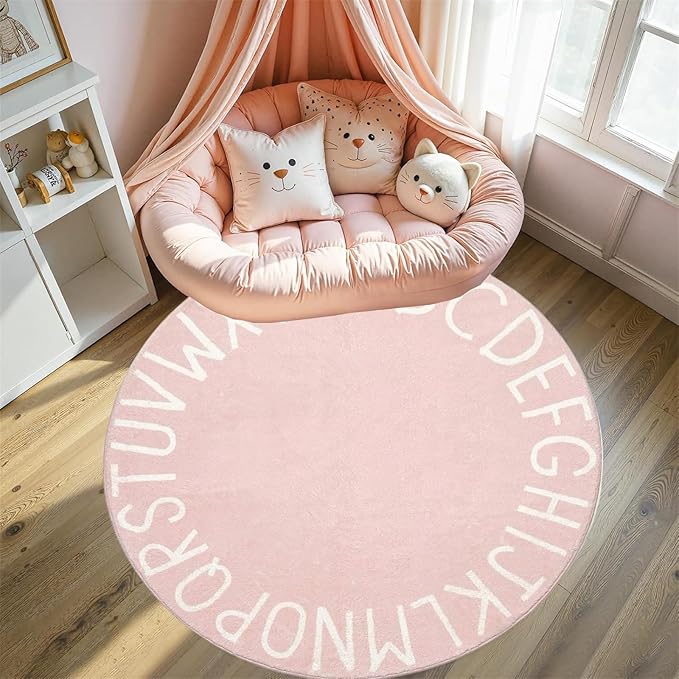 Round ABC Rug-2.6ft Children Education and Learning Fun Carpet, Alphabet Baby Crawling Mat,Fluffy and Comfortable Plush Floor Cushion Pink Sofa Cushion, for Playroom Classroom Decoration