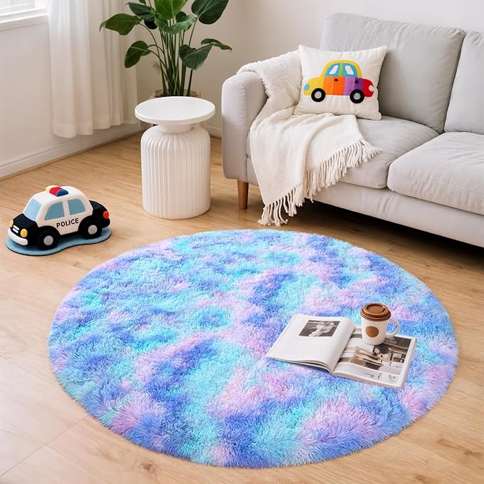 Rainbow Round Rug for Bedroom, 4Ft Fluffy Circle Area Rugs for Living Room, Shag Fuzzy Carpet for Kids Room, Nursery, Dorm, Classroom, Teen, Cute Baby Play Mat Home Decor Aesthetic, Blue