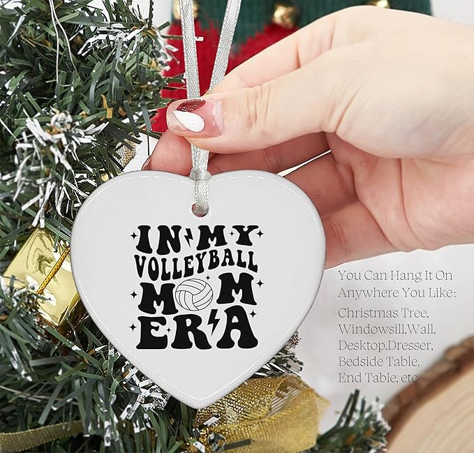 Heart Shaped Christmas Ornament-Volleyball Mom Gift-Sport Coach Appreciation Keepsake-Game Day Present for Mother Mama-Birthday or Mother's Day Ceramic Ornament Home Decor in My Volleyball Mom Era