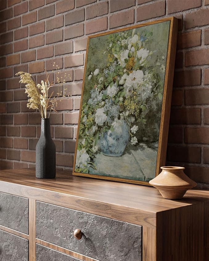 ARPEOTCY Framed Canvas Print Wall Art Decor, French Vintage Flower Spring Botanical Wall Art Home Decor, Ceramic Vase Floral Oil Painting for Living Room, Office Shelf Decoration, 12x16 inch