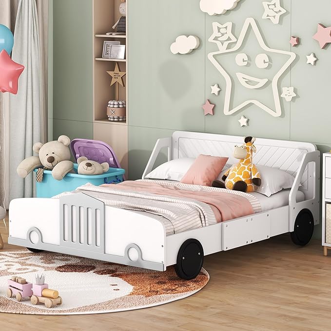 Full Size Car-Shaped Platform Bed with Wheels, Solid Wood Car Bed Frame with Strong Slatted Support for Kids Teens Boys Girls Bedroom, Fun Play Design Kids Floor Bed (White-WL55)