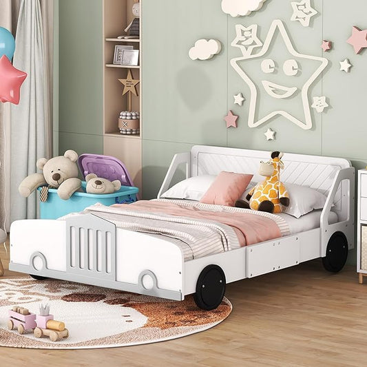 Full Size Car-Shaped Platform Bed with Wheels, Solid Wood Car Bed Frame with Strong Slatted Support for Kids Teens Boys Girls Bedroom, Fun Play Design Kids Floor Bed (White-WL55)