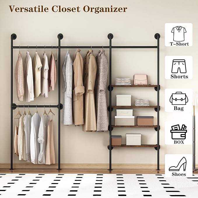 Industrial Pipe Clothing Rack,Wall Mounted Clothies Rack with Shelves, Heavy Duty Closet Organizers Wardrobe Multi-Purpose Storage Clothes Hanging Shelf-94.5''L Black