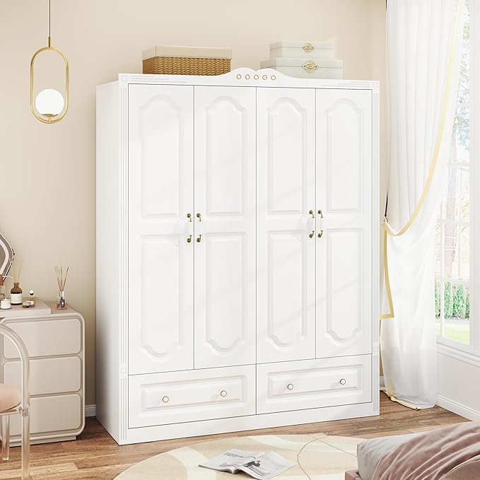 Wardrobe Closet for Hanging Clothes: Armoire Wardrobe Closet with Drawers, Bedroom Armoires with Doors and Shelves, Modern Clothing Cabinet with Hanging Rod (White, 59")