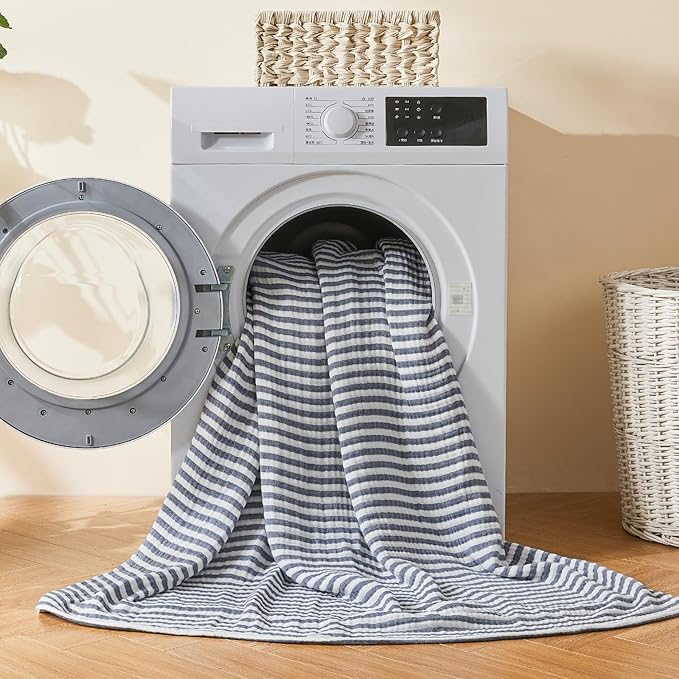 EMME Cotton Muslin Twin XL Blanket Breathable Gauze Soft Lightweight Adults Gifts for Women (Striped Navy, 66"x90")