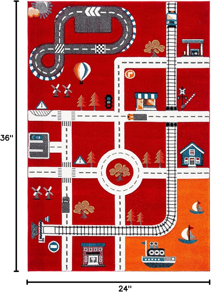 SAFAVIEH Carousel Kids Collection Accent Rug - 2' x 3', Red & Ivory, Neighborhood Design, Non-Shedding & Easy Care, Ideal for High Traffic Areas for Boys & Girls in Playroom, Bedroom (CRK192Q)