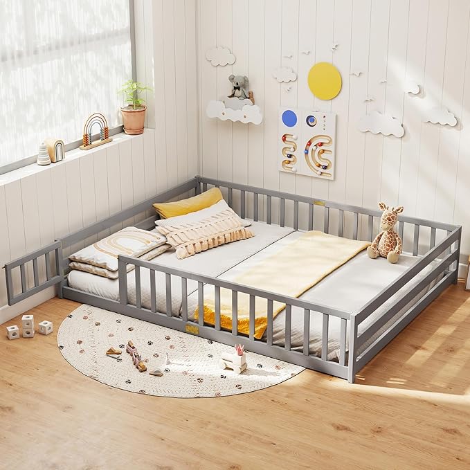 KOMFOTT Queen Size Wood Floor Bed with Door & Fence, Montessori Bed Frame with Full Length Safety Guardrails, Door & Latch, Wooden Montessori Floor Bed for Kids, Girls, Boys (Queen,Grey)