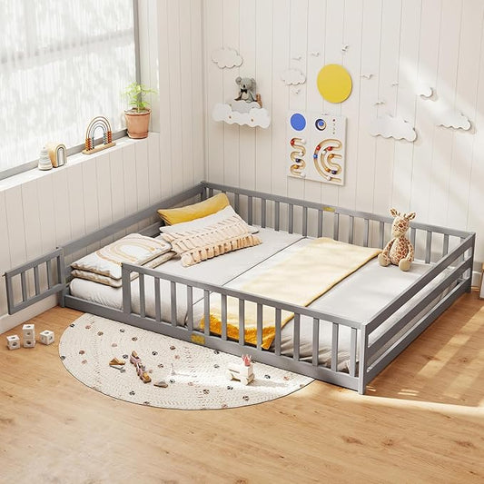 KOMFOTT Queen Size Wood Floor Bed with Door & Fence, Montessori Bed Frame with Full Length Safety Guardrails, Door & Latch, Wooden Montessori Floor Bed for Kids, Girls, Boys (Queen,Grey)